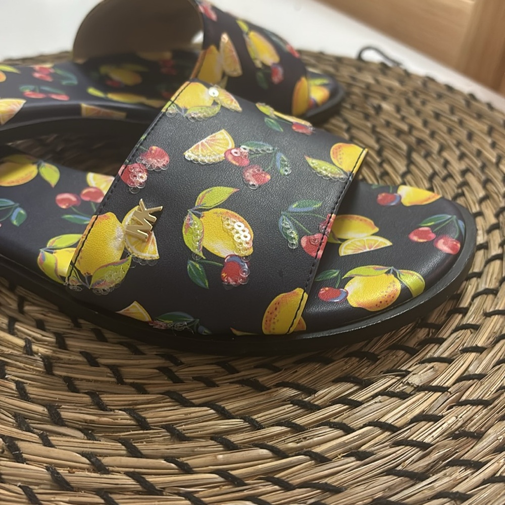 Michael Kors Black Slides with Lemon and Cherry Print - Picture 2 of 7
